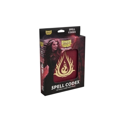 Embalagem Dragon Shield Spell Codex com capa vermelha e padrão flamejante dourado e ilustração de mulher