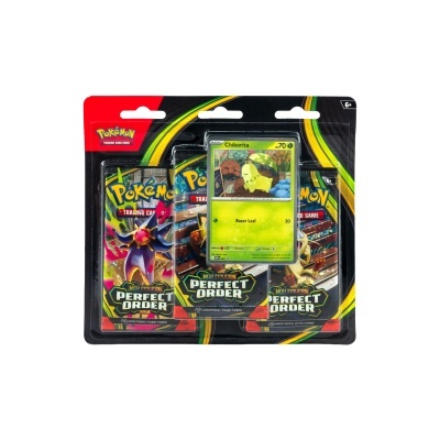 Pack de cartas Pokémon TCG Mega Evolution Perfect Order com carta Chikorita e três boosters
