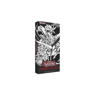 Caixa do jogo Yu-Gi-Oh! Legendary Arc-V Decks em preto e branco com ilustração de dragão e personagens