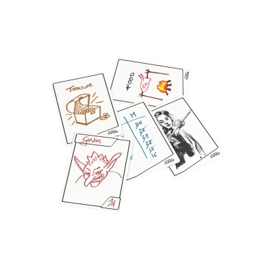 Cartas de jogo coloridas com desenhos desenhados à mão e texto em português.