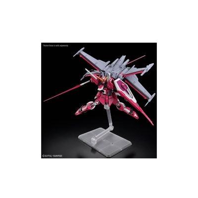 Figura robótica vermelha, branca e cinza com lâminas rosa e suporte transparente
