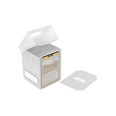 Caixa transparente para cartas de jogo com cartas e suporte cinza ao lado