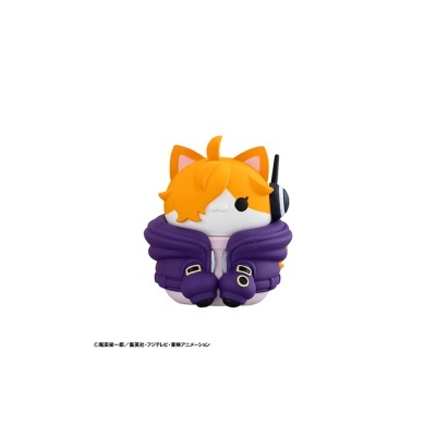 Figura de gato estilizado com casaco roxo e auscultador