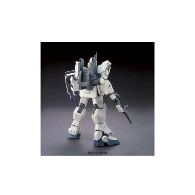 Figura de ação robô branco com detalhes cinza e azul segurando arma e escudo