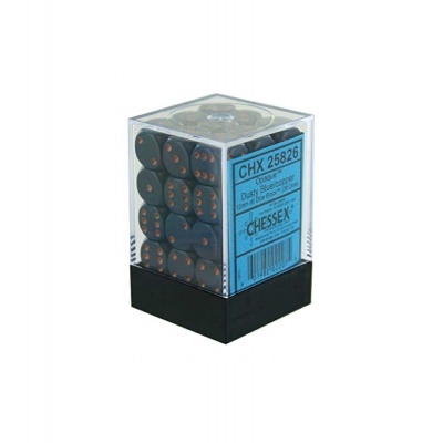 Conjunto de dados preto com pontos laranja numa caixa plástica transparente