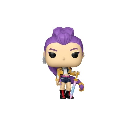 Figura Funko Pop com cabelo roxo e espada colorida.