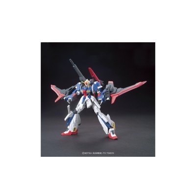 Figura articulada de robô tipo Gundam azul, branco e vermelho com armas