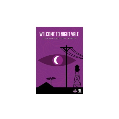 Capa de jogo de roleplaying roxa com olho, lua, postes e torre de água em preto