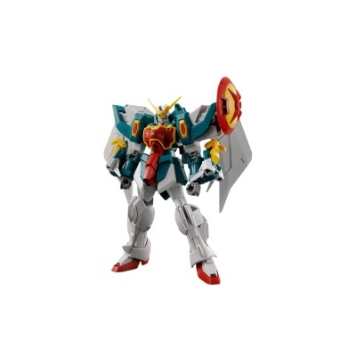 Figura de ação robô colorida com escudo redondo e asas brancas.