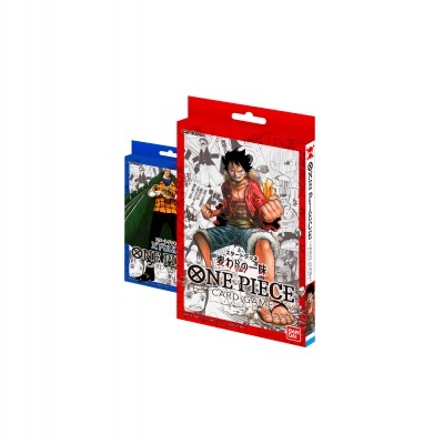 Duas caixas do jogo One Piece Card Game com capas vermelha e azul e personagens de anime