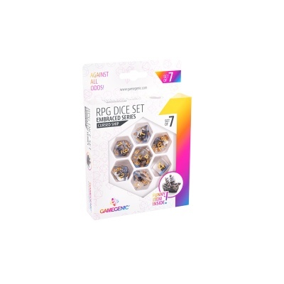 Conjunto de 7 dados RPG Embraced Series Cursed Ship em embalagem branca colorida.