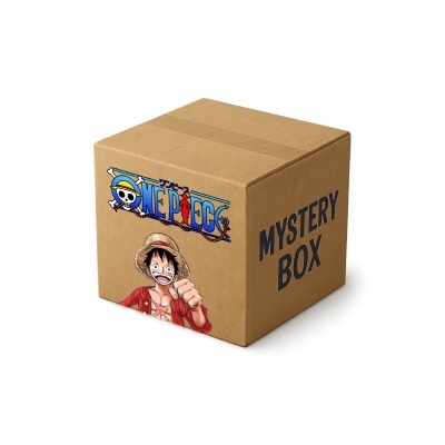 Caixa de cartão castanha com estampado do anime One Piece e texto MYSTERY BOX