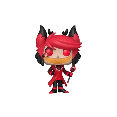 Figura colecionável com cabelo vermelho, chifres pretos e roupa vermelha e preta