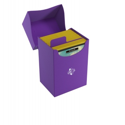 Caixa roxa aberta com fichas amarelas e separador metálico com texto 'SPEAKERS'