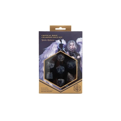 Caixa de conjunto de dados Critical Role Champion Dice Set com ilustração de personagem alada e dados visíveis.