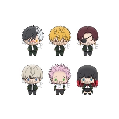 Seis bonecos de pelúcia chibi com roupa verde e branca e diferentes cabelos coloridos em fundo branco