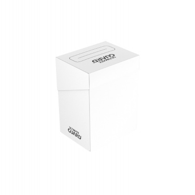 Caixa branca para baralhos de cartas com texto preto