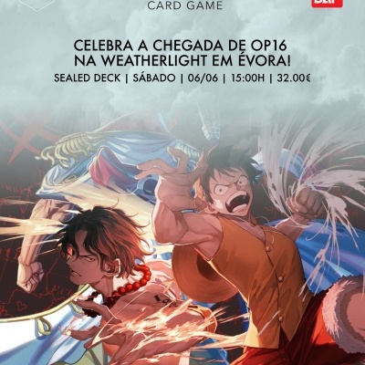Promoção do jogo de cartas One Piece com texto de evento e personagens animados
