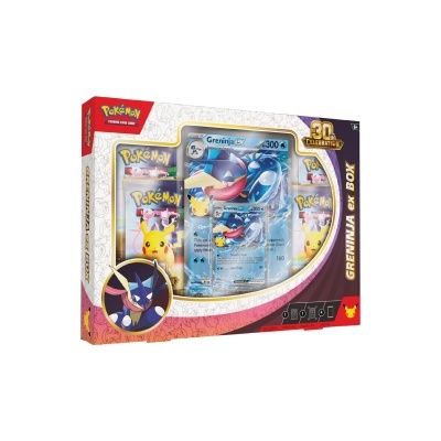 Caixa de colecionador Pokémon com cartão Greninja ex e selo de 30 anos