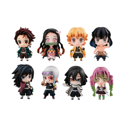 Oito bonecos colecionáveis estilo chibi com roupas coloridas e detalhes variados