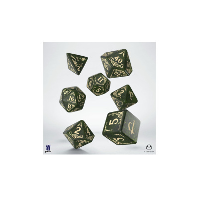 Dados poliedros verdes escuros com números dourados para jogos de tabuleiro