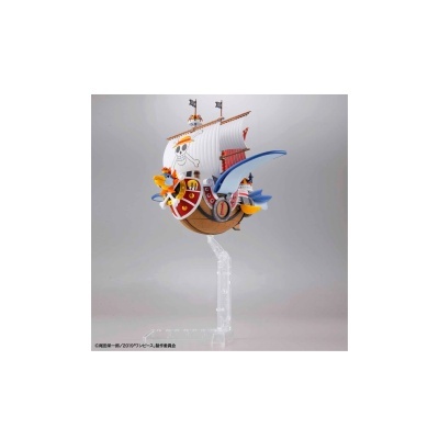 Miniatura de navio pirata colorido com velas brancas e suporte transparente.