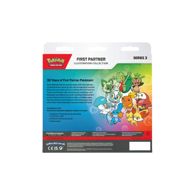 Embalagem Pokémon Trading Card Game First Partner Illustration Collection Series 3 com ilustrações de Pokémon coloridas.