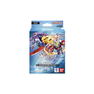 Embalagem azul do jogo de cartas Gundam com robôs e texto em inglês.
