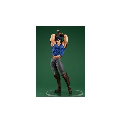 Figurine masculina musculada com roupa azul e cinza sobre base transparente