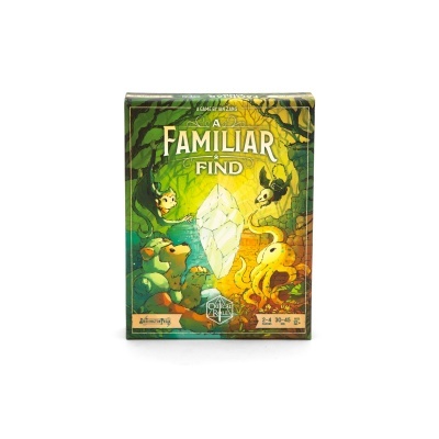 Caixa do jogo de tabuleiro A Familiar Find com ilustrações coloridas e diversas informações impressas.