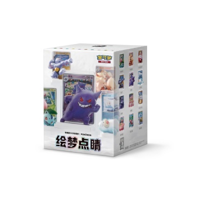 Caixa branca com figuras de ação e cartas de Pokémon em vários estilos