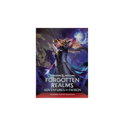 Livro capa dura Dungeons & Dragons Forgotten Realms Adventures in Faerûn com ilustração de personagem fantasia.