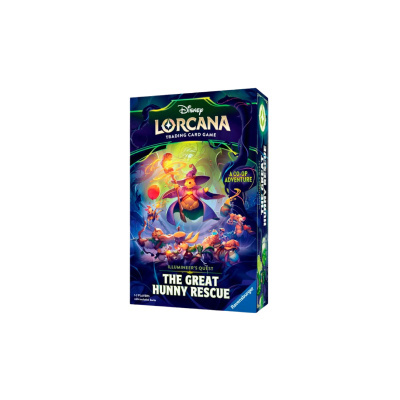 Embalagem do jogo de cartas Disney Lorcana com ilustração colorida e texto THE GREAT HUNNY RESCUE.