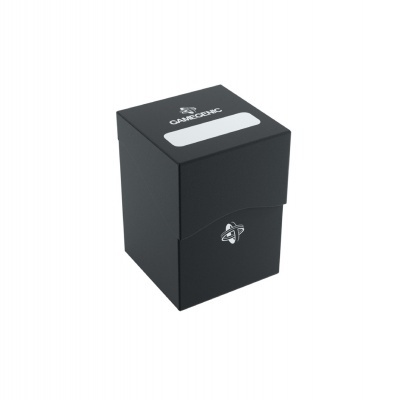 Caixa preta de papelão com logótipo e espaço para escrita