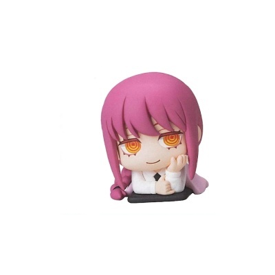Figura chibi com cabelo rosa e olhos amarelos em fundo branco