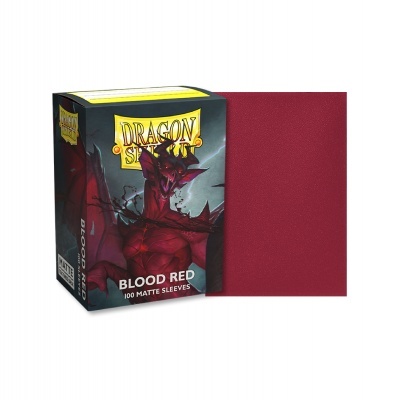Pacote de 100 sleeves DRAGON SHIELD vermelhos mates e uma sleeve vermelha individual.