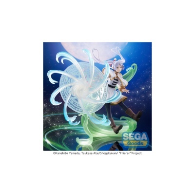 Figura colecionável de personagem feminina com efeitos mágicos e fundo estrelado