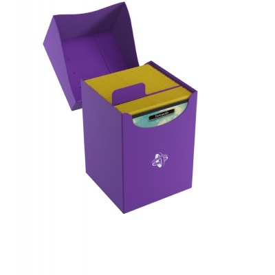 Caixa organizadora roxa com arquivos amarelos e etiqueta 'Dividas'