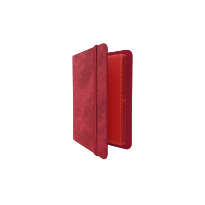 Estojo rígido vermelho com elástico fechado, texturizado e aberto mostrando divisórias internas.