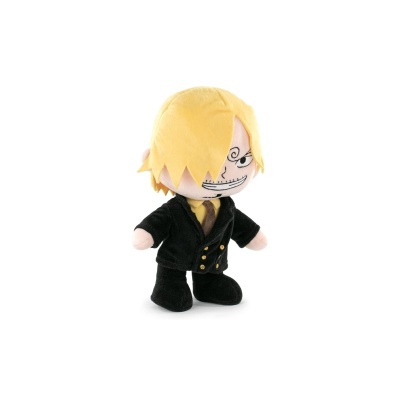 Boneco de peluche com cabelo loiro e roupa preta.