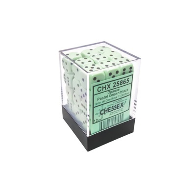 Conjunto de 12 dados verdes pastel opacos com pontuações pretas em caixa transparente