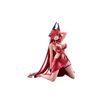Figura colecionável feminina de anime com vestido vermelho justo e chifres pretos ajoelhada