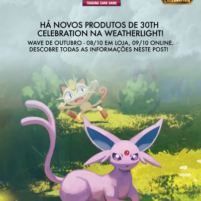 Imagem da promoção 30th Celebration da Pokémon Trading Card Game com personagens Espeon e Meowth em natureza