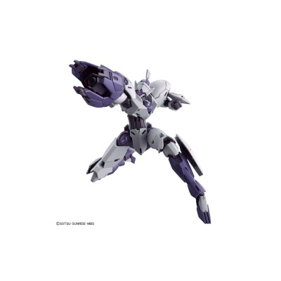 Figura robótica mecha branco e roxo com detalhes metálicos sobre fundo branco