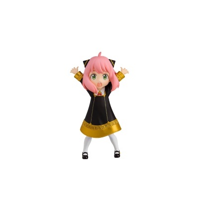 Figura colecionável de personagem feminina com cabelo cor-de-rosa e vestido preto com detalhes dourados