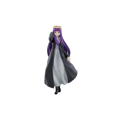 Figura colecionável de mulher com cabelo roxo e vestido cinzento