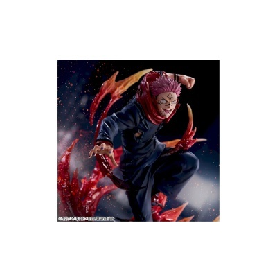 Figurina de personagem anime com cabelo rosa e efeitos vermelhos em fundo escuro