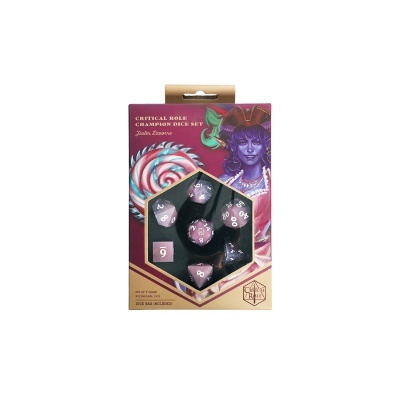 Conjunto de dados Critical Role Champion Dice Set com embalagem colorida e personagem ilustrada