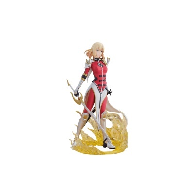 Figura de ação feminina vestida com armadura vermelha e branca segurando espada em base amarela