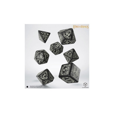 Dados poliedros negros com inscrições brancas de The Lord of the Rings